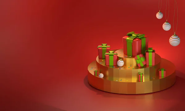 Podio Redondo Dorado Con Cajas Regalos Rojas Cubiertas Cintas Verdes — Foto de Stock