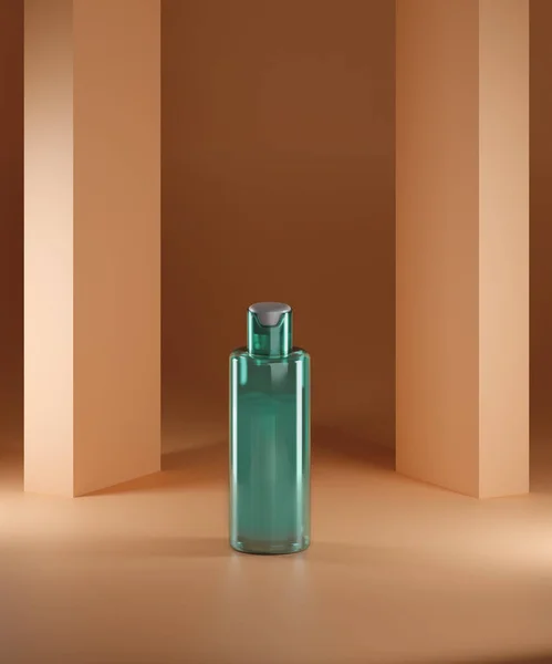 Transparente Grüne Flasche Shampoo Der Mitte Der Szene Pfirsich Hintergrund — Stockfoto