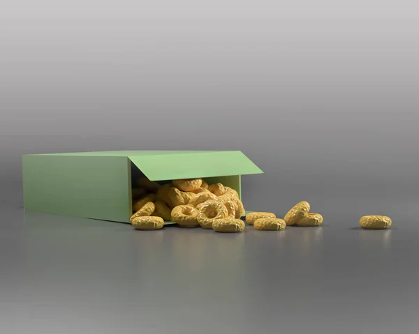 Mockup Carton Box Corn Ring Flakes Lies Its Side Flakes — Stock Fotó