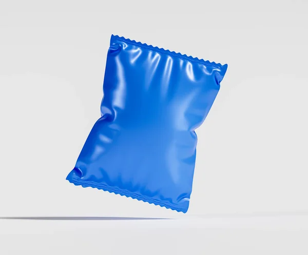 Chips Csomag Modell Kék Színű Elölnézet Esik Elszigetelt Fehér Stock Kép