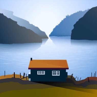 Lonely house near the lake and mountains, illustration