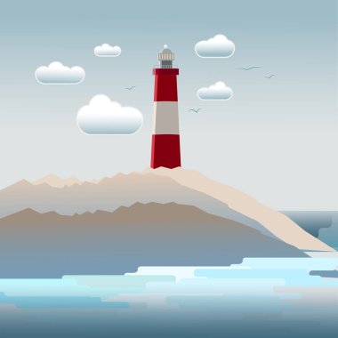Lighthouse tower by the ocean among clouds and seagulls, illustration of simple shapes