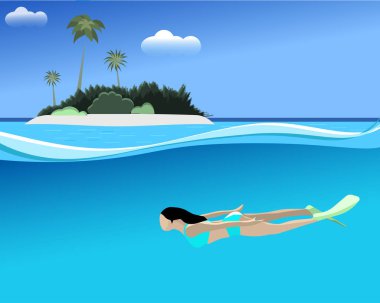 Woman swimming sea on tropical island. Illustration