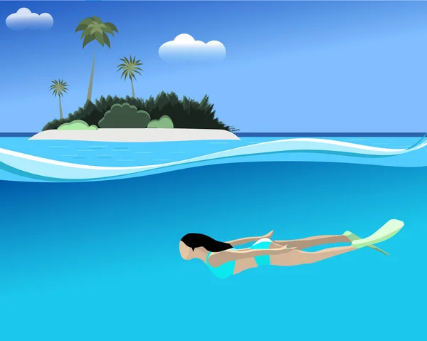 Woman swimming sea on tropical island. Illustration