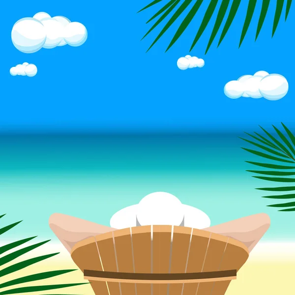 Жінка Капелюсі Тропічному Пляжі Сидить Стільці Дивиться Море Ілюстрація Ліцензійні Стокові Зображення