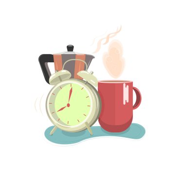 Illustration with attributes of morning : clock, cup of coffee, coffee maker Isolated on white background