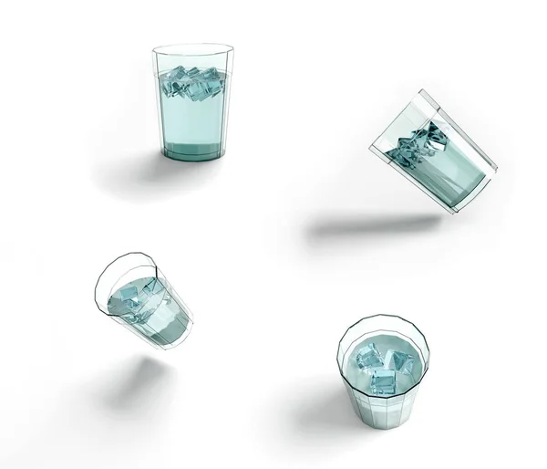 3Dイラスト 氷のキューブと冷たい水の4ガラス 異なる位置 モックアップ 白い背景に隔離された — ストック写真
