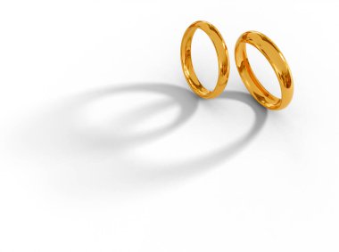 Üç boyutlu nikah yüzükleri birbirine yakın yuvarlanıyor, saydam arka planda doğal gölgeler ve yansıma ile izole edilmiş, kopyalama alanı