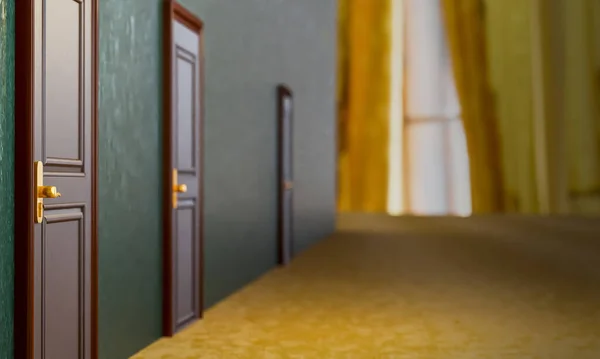 Boyutlu Illüstrasyon Otel Katındaki Koridor Odaların Kapısı Perspektif Manzaralı Duvar — Stok fotoğraf