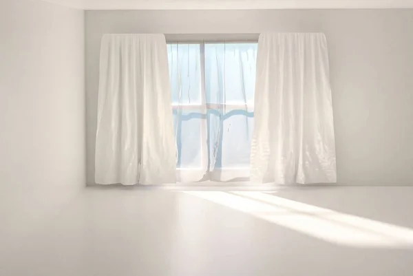 Geniş Pencereli Köşesine Yakın Perdeli Boş Beyaz Odanın Boyutlu Maketi — Stok fotoğraf