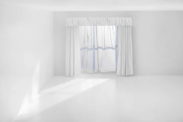 Mockup Üres Fehér Szoba Nagy Napfényes Ablak Függönyök Sarok Közelében — Stock Fotó