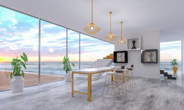 Mermer kaplama, satranç tasarımı, sahil manzaralı pencere ve deniz manzaralı oturma odasının 3 boyutlu çizimi