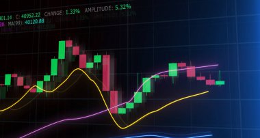 Dijital verili şamdan grafiği. Borsa fiyat eğiliminin gösterimi. 3 Boyutlu Hazırlama