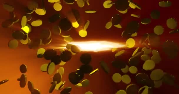 Glanzende Gouden Munten Vallen Warme Kleuren Achtergrond Weergave — Stockvideo