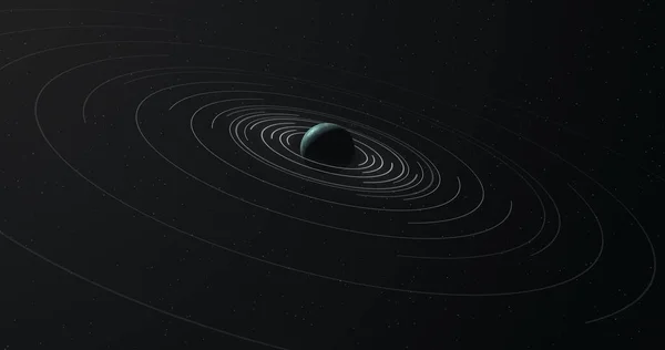 蓝色行星 同心白圈跟踪环绕它的轨道在外层空间 未来主义抽象背景 3D渲染 — 图库照片
