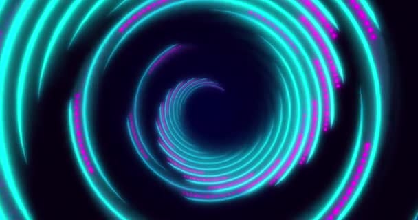 Blauw Paars Neon Licht Gebogen Lijnen Vormen Een Spiraalvormige Tunnel — Stockvideo