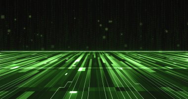 Arka planında ikili kod olan siber uzay manzarası. Soyut matris biçimi. 3B illüstrasyon