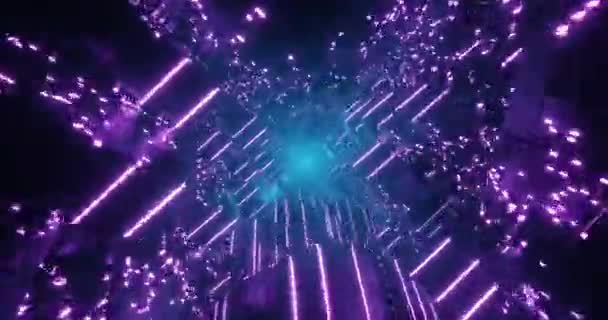 Futuristický Tunel Kovovými Konstrukcemi Neonovými Světly Abstraktní Pozadí Animace Smyčky — Stock video