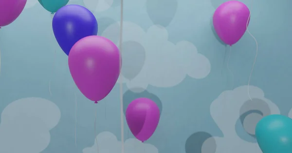 Floating Balloons Pastel Colours Blue Background Decorated Clouds Render Illustration — Stock Photo, Image