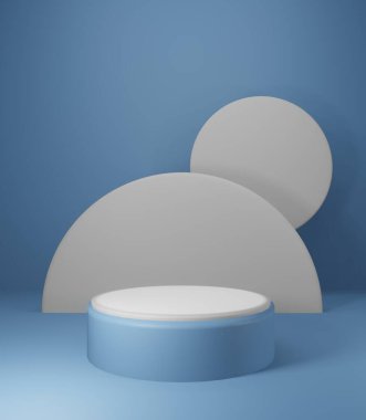 Genel ürün gösterimi. Bir mavi silindir kaidesel podyum ve pastel renkli arka plan. En az olay yeri. Soyut arkaplan. 3d resimleme