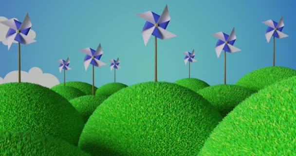 Många Nypor Gräsbevuxna Kullar Leksakslandskap Begreppet Förnybar Energi Återgivning Loop — Stockvideo
