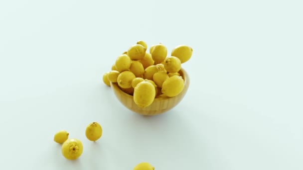 Citrony se kutálejí a vycházejí z mísy na stole. Vitamíny nebo zdravá výživa Koncept. Profesionální zpomalení 3D animace. — Stock video