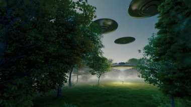 UFO 'nun gece vakti bir ormanın üzerinde gezindiği gizli bir görüntü. 3d oluşturma