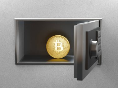 Kasada Bitcoin var. Bitcoin yatırımları, emeklilik fonları, finans kurumları ve bankalar kavramı. 3d oluşturma