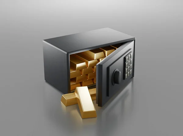 Steel safe with Gold Bars or ingots. 3d rendering — Stock Photo, Image
