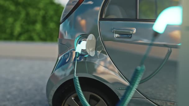 Electric car charging. Electric vehicle charging port plugging in car. Cinematic 3d rendering — ストック動画