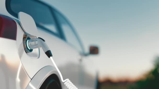 Elektrikli araba şarj oluyor. Elektrikli araç, arabanın fişini takıyor. 4K Sinematik 3D görüntüleme — Stok video