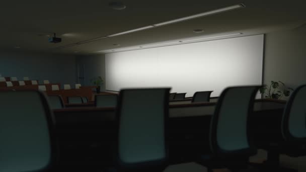 सभागार, कक्षा, व्याख्यान कक्ष का दृश्य। स्लाइडर उपकरण। 4K पेशेवर 3 डी एनिमेशन . — स्टॉक वीडियो