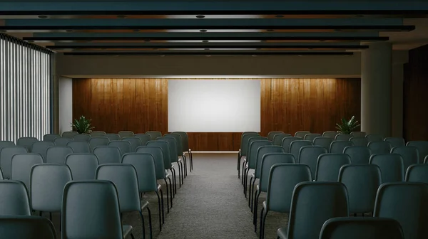 View of auditorium, classroom, lecture hall. Slider equipment. Professional interior 3d rendering — Stok fotoğraf