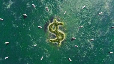 Yabancı Bankalar veya Yurtdışı Hesaplar Konsepti. Para politikası. Küresel ticaret Dolar sembolü şeklinde bir ada. Vergi Cenneti Konsepti. Parayı yurt dışına taşı. 4K Profesyonel 3d Canlandırma