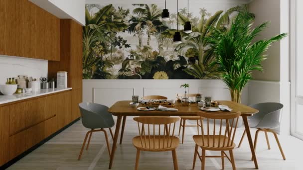Scandinavisch Interieur Appartement Woonkamer Design Met Boho Natuurlijke Houten Meubels — Stockvideo