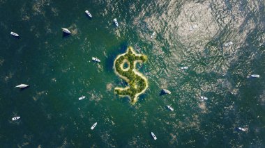 Yabancı Bankalar veya Yurtdışı Hesaplar Konsepti. Para politikası. Küresel ticaret Dolar sembolü şeklinde bir ada. Vergi Cenneti Konsepti. Parayı yurt dışına taşı. Profesyonel 3D oluşturma.