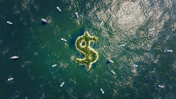 Yabancı Bankalar veya Yurtdışı Hesaplar Konsepti. Para politikası. Küresel ticaret Dolar sembolü şeklinde bir ada. Vergi Cenneti Konsepti. Parayı yurt dışına taşı. Profesyonel 3D oluşturma.