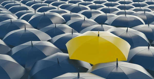Žlutý Deštník Nad Ostatními Šedými Deštníky Městském Pozadí Obchodní Bezpečnostní — Stock fotografie