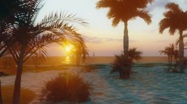 The sun over sea. Amazing red sunrise on beach palms island. Orange colors sunrise and waves. Nature sun sunrise palms beach background. Professional 4K 3D Animation