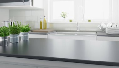 Aromatik bitkilerle modern mutfak, 3 boyutlu resimleme