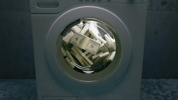 Hundred dollar bills. American paper money in the washing machine. Dirty criminal money laundering concept. Professional 3d rendering.