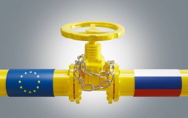AB Avrupa ve Rusya petrol ve doğalgaz yaptırımları, geri çekilme ve savaş. Sıkıştırılmış gaz borusu, LNG ambargosu, kriz ve yaklaşan fiyat artışlarını sembolize ediyor..