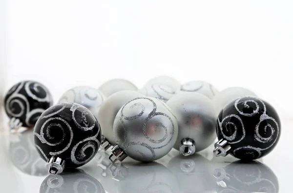 Decorative Black Silver Xmas Balls White Background — Stock Photo, Image