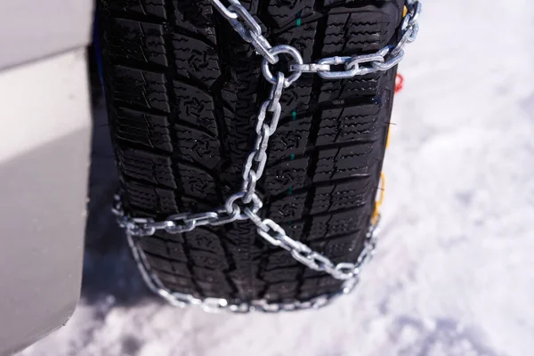 Snow Chain Wheel Deep Snow Winter Road — Stock Photo, Image