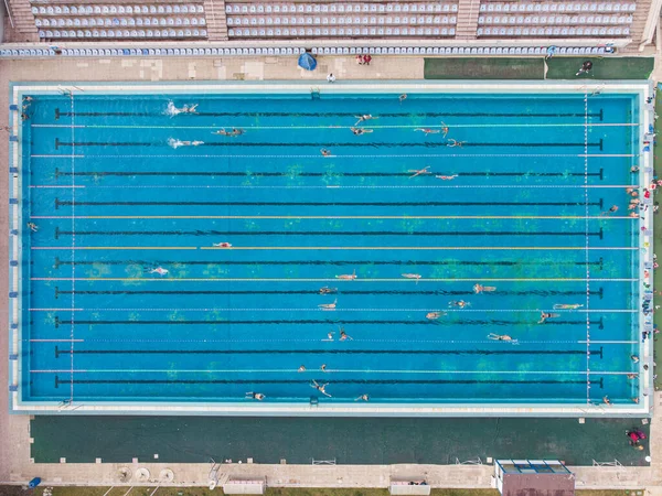 Flygfoto Grupp Simmare Utbildning Pool Många Idrottare Simmar Open Water — Stockfoto