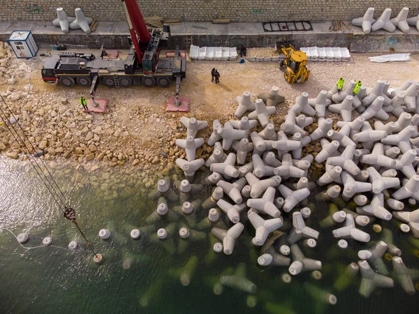 Aerial Top View Breakwater Construction Bulldozer Crane Pile Boulders Sea — Stock Photo, Image