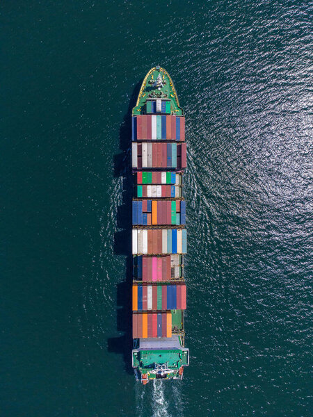 Aerial top drone view container ship, shipping or transportation concept background.