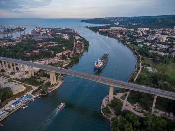 Large general cargo ship tanker bulk carrier, Top down aerial view. Varna, Bulgaria