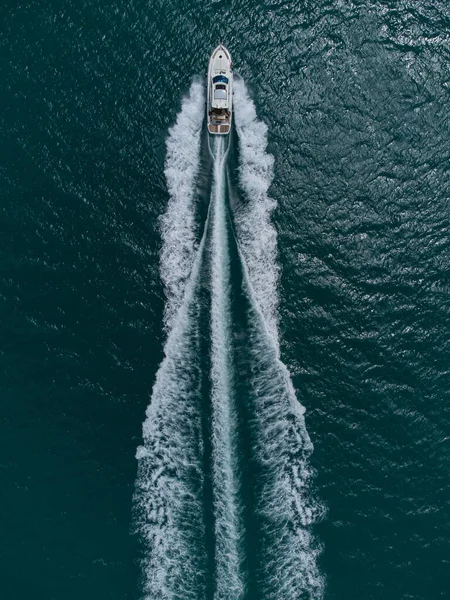 Yazın Açık Denizde Beyaz Sürat Teknesinin Yukarıdan Aşağı Görüntüsü — Stok fotoğraf