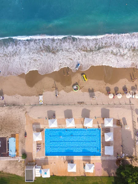 Aerial Top View Flying Drone People Crowd Relaxing Beach Swimming — Stockfoto